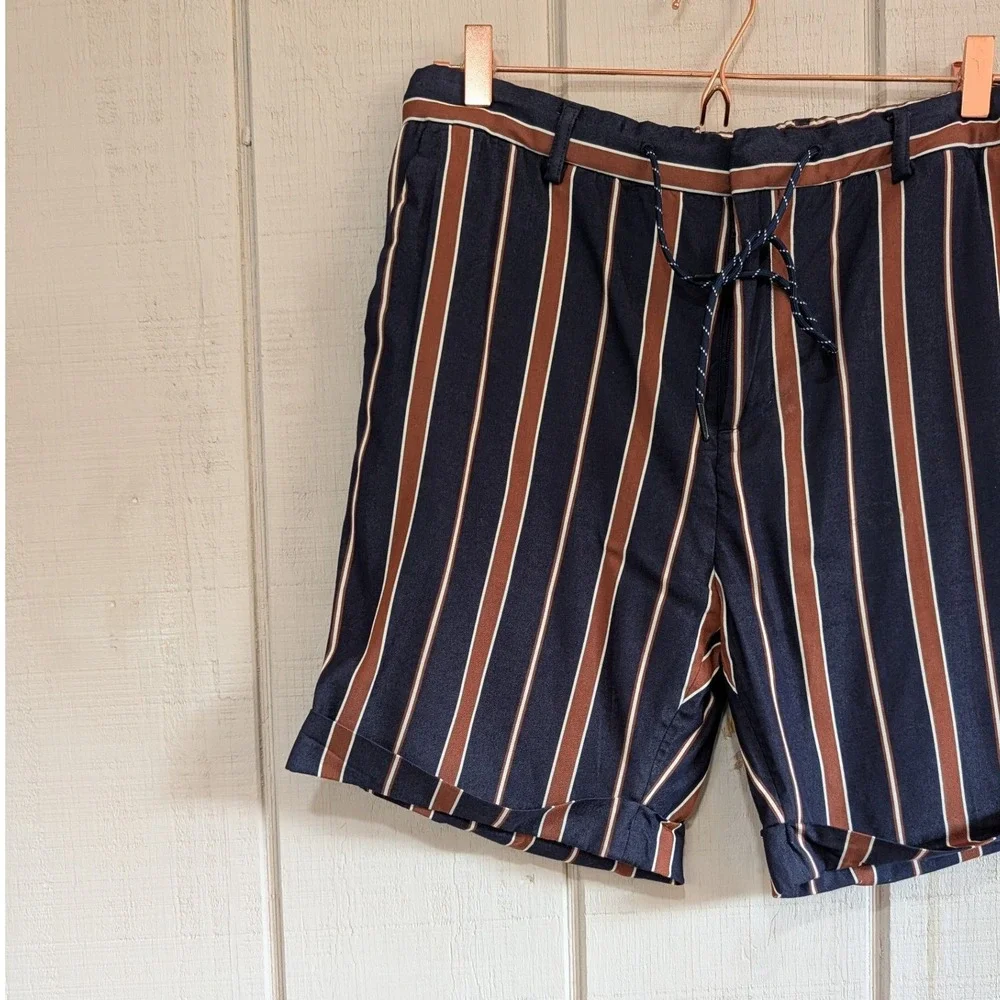 Scotch & Soda Mens Striped Drawstring Shorts Navy Brown 34 Cuffed Old Money‎